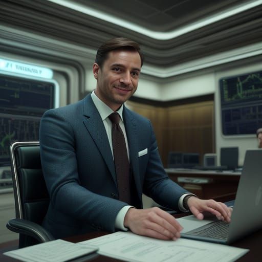 Confident News Anchor in Navy Blue Blazer