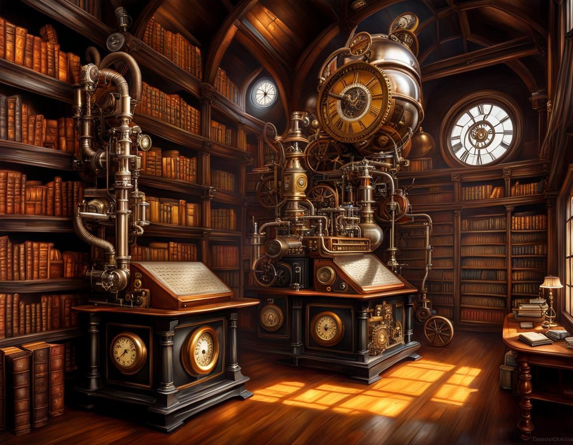 Steampunk Library with Clockwork Animals, Digital Art