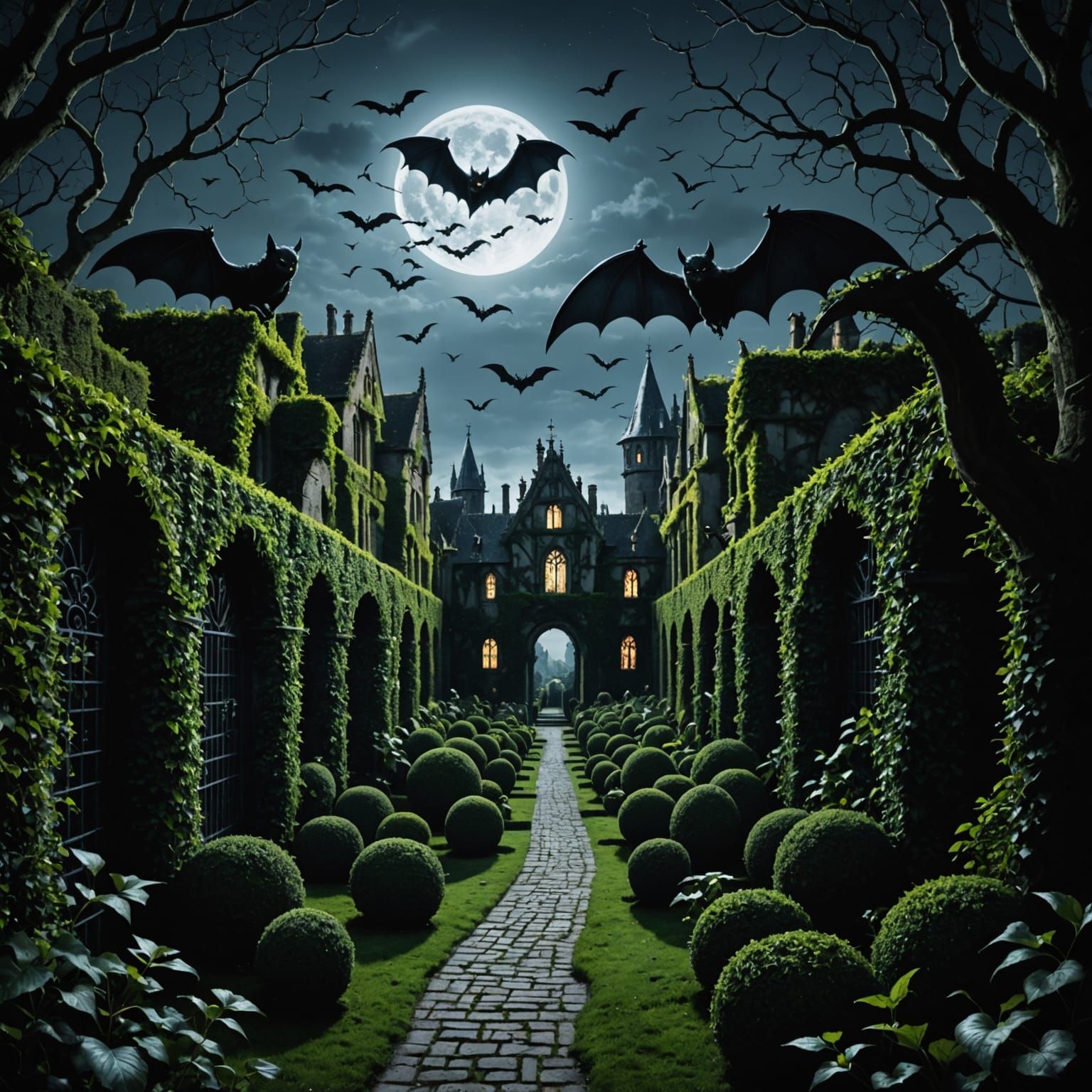 Eerie Moonlit Maze with Gargoyles