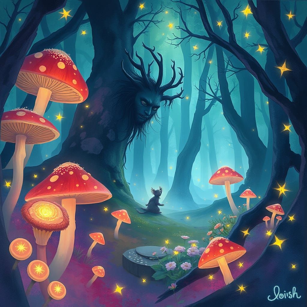 Mystical Being in Dreamlike Forest, Digital Painting