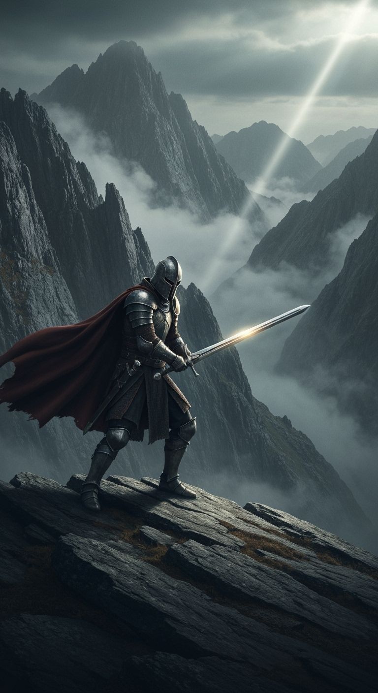 Warrior on Mountain Peak in Dark Fantasy Style