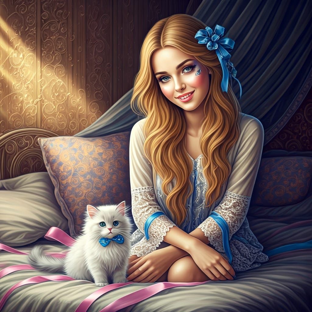 Girl with Kitten in Morning Sun, Fine Art Style