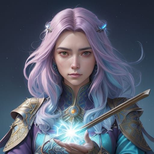 Realistic Heroic Wizardess Portrait in Sparkling Blue and Pi...