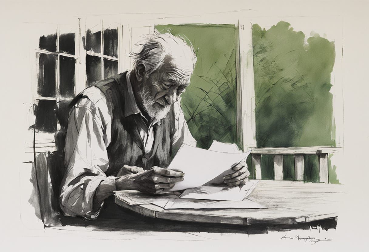 Weeping Old Man Reads Letter: Expressionist Charcoal Drawing
