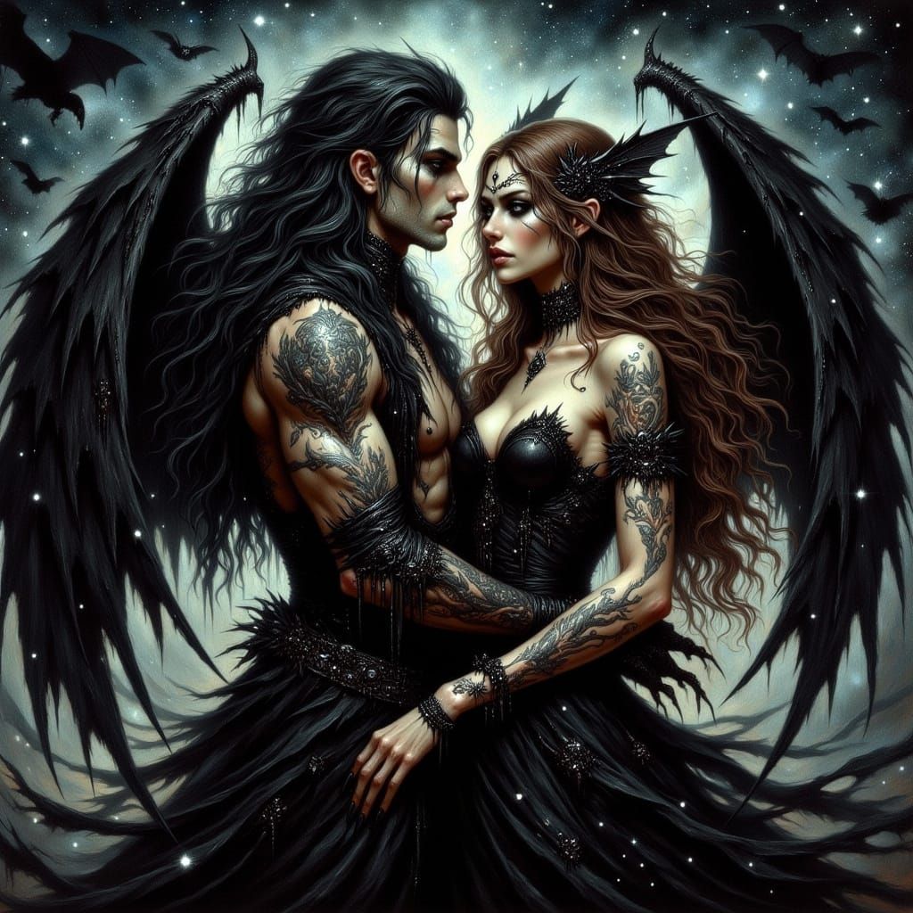 Dark Fantasy Couple Embracing Under the Stars