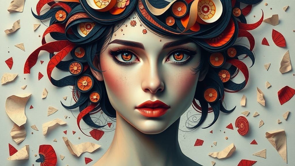 Geometrical Woman Portrait with 3D Paper Quilling Hair