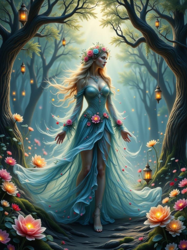 Ethereal Goddess in Mystical Forest Clearing