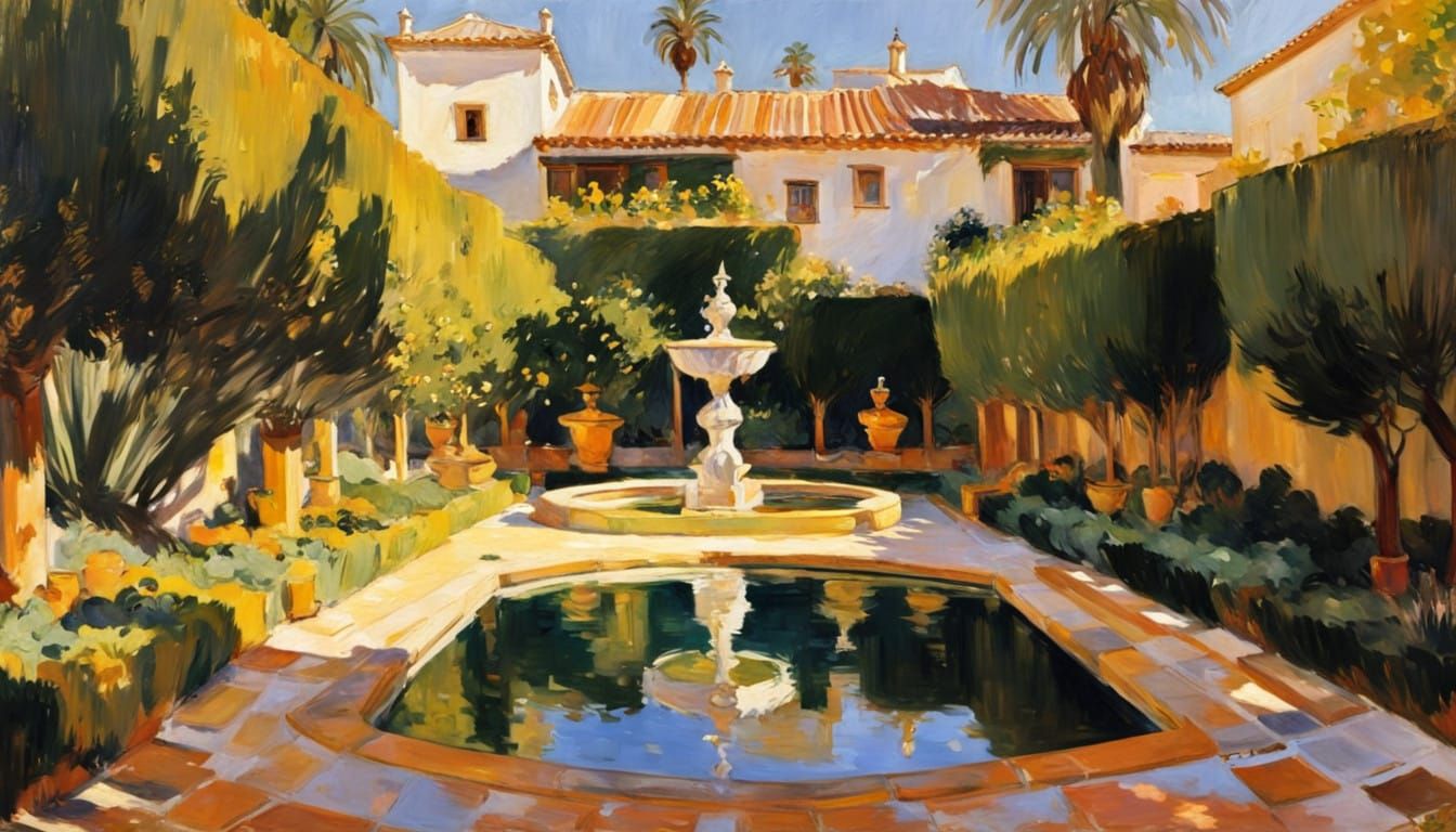 Joaquín Sorolla’s Spanish Garden: A Moorish-style garden with tiled fountains, orange trees, and sunlight reflecting on ...
