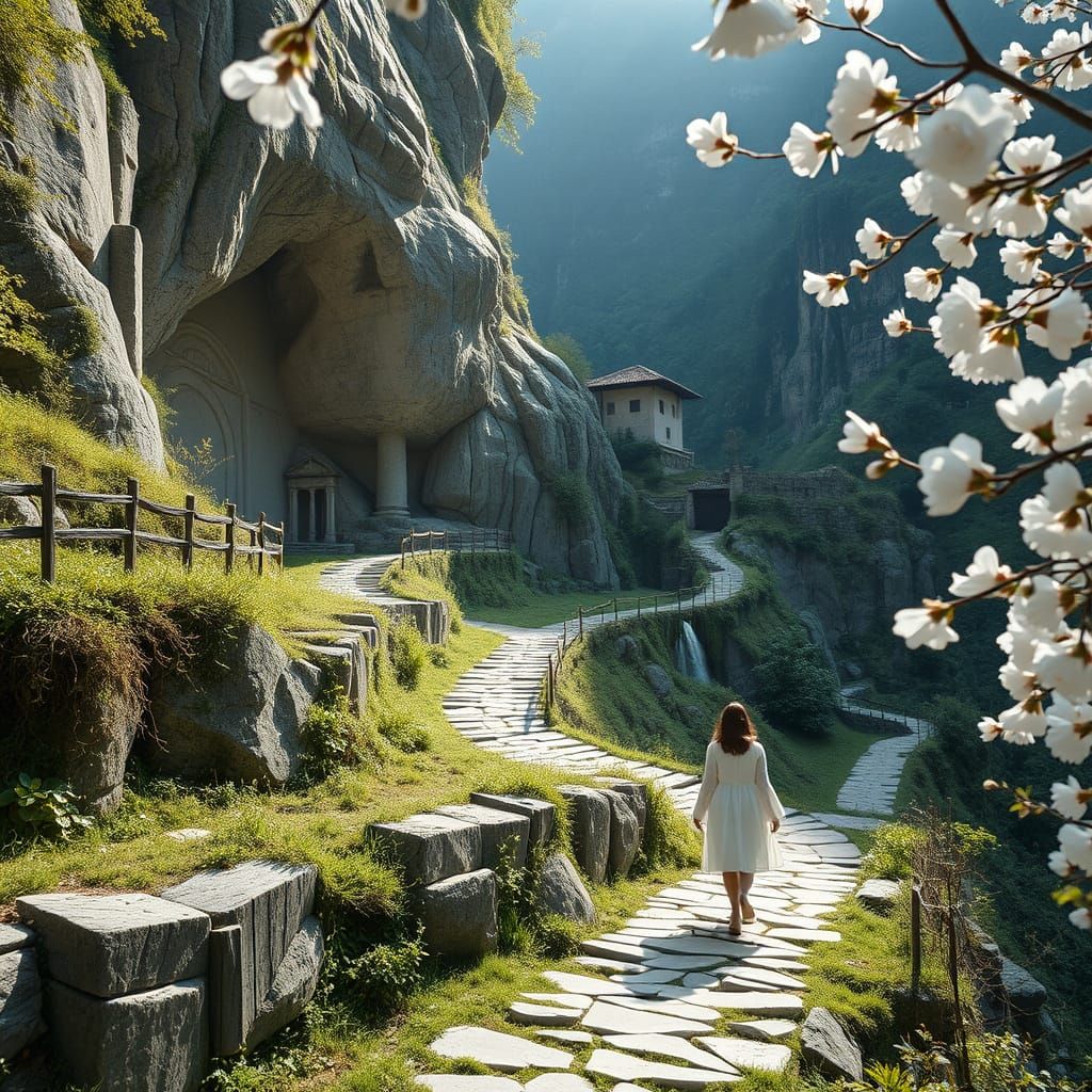 A Serene Woman Walks the Enchanting Path to Sanctuary