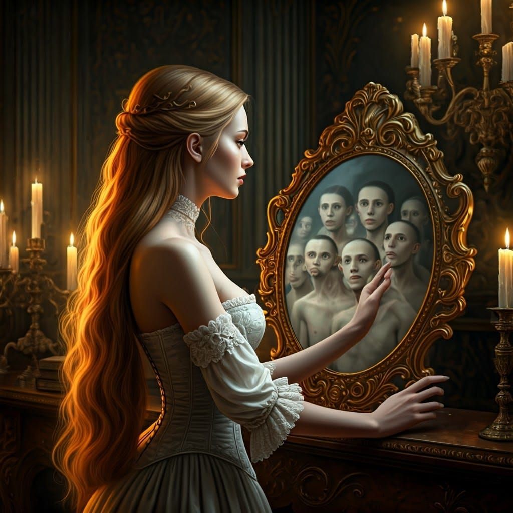 Scornful Woman in Baroque Chamber Reflects on Youth