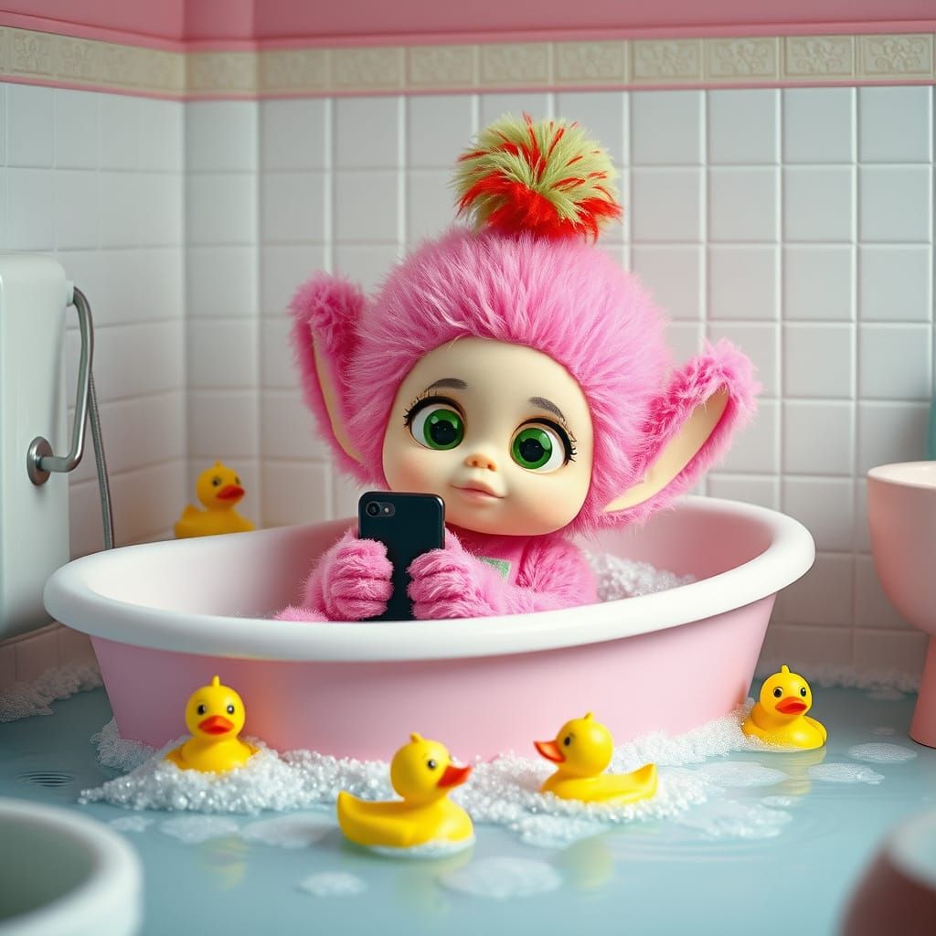 A bright pink creature that looks like a Teletubby, with big...