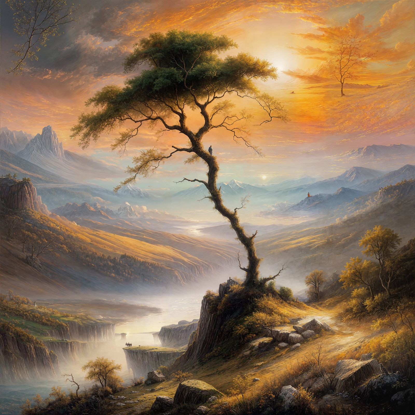 Peaceful Sunset Landscape in Classical Oil Painting Style
