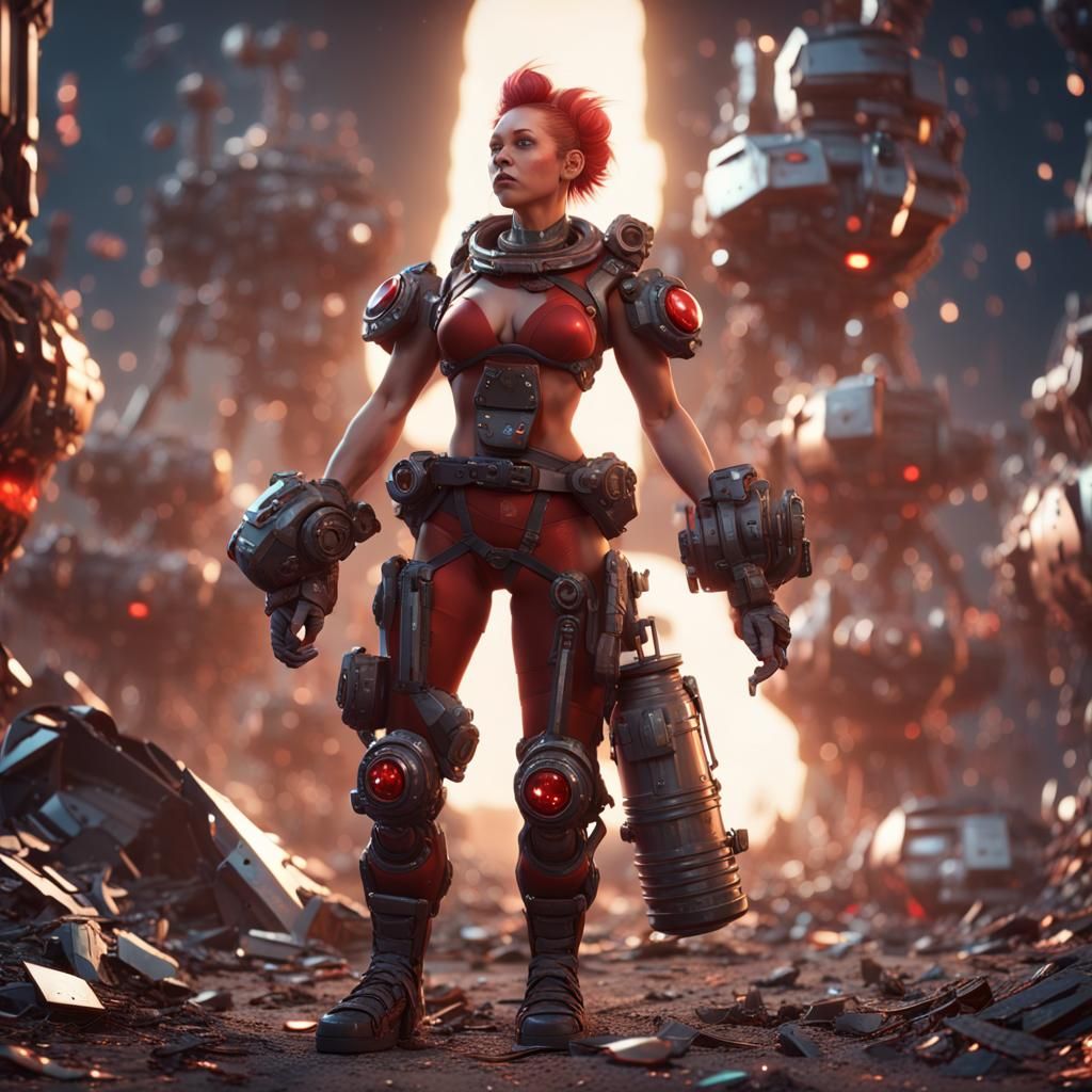 Muscular Halfling Woman in Sci-Fi Landscape