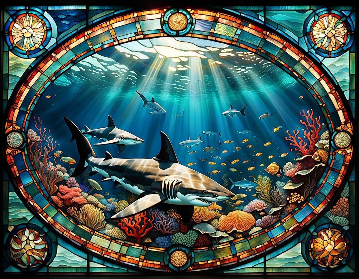 Art Deco Stained Glass Shark Hunt Undersea