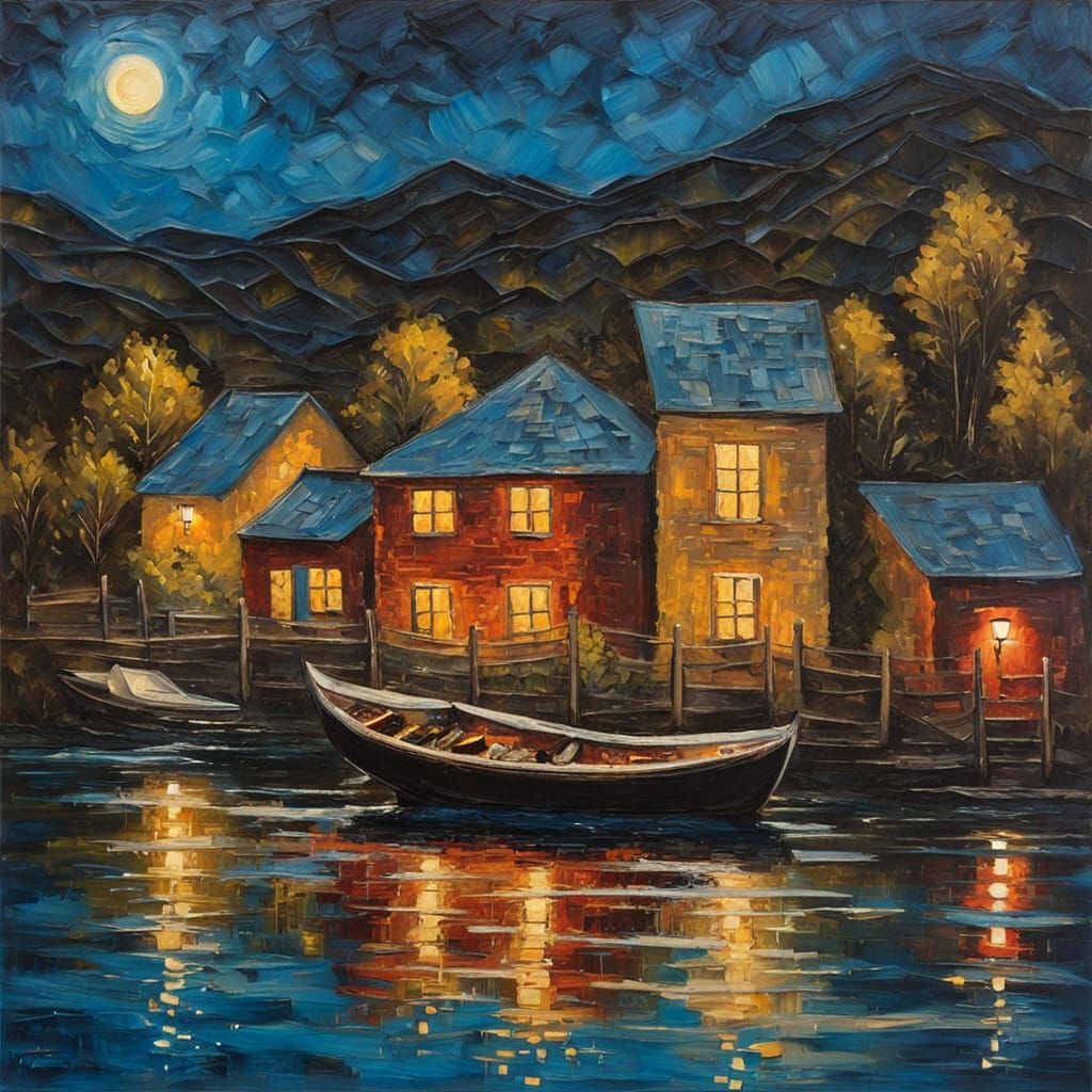 Lake and boat at night