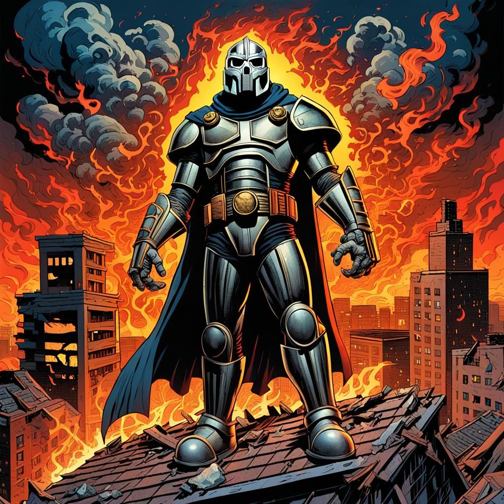 MF DOOM in Comic Book Style Amidst Destruction