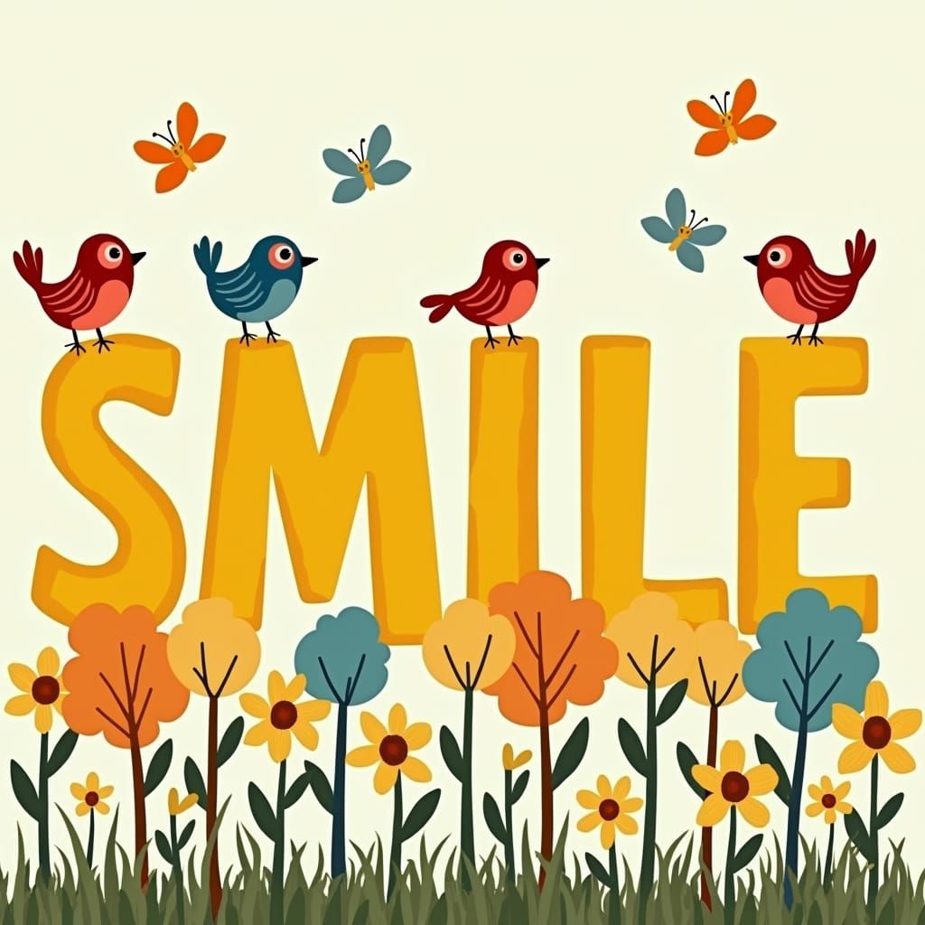 Cartoon Birds and "SMILE" in Bubble Letters