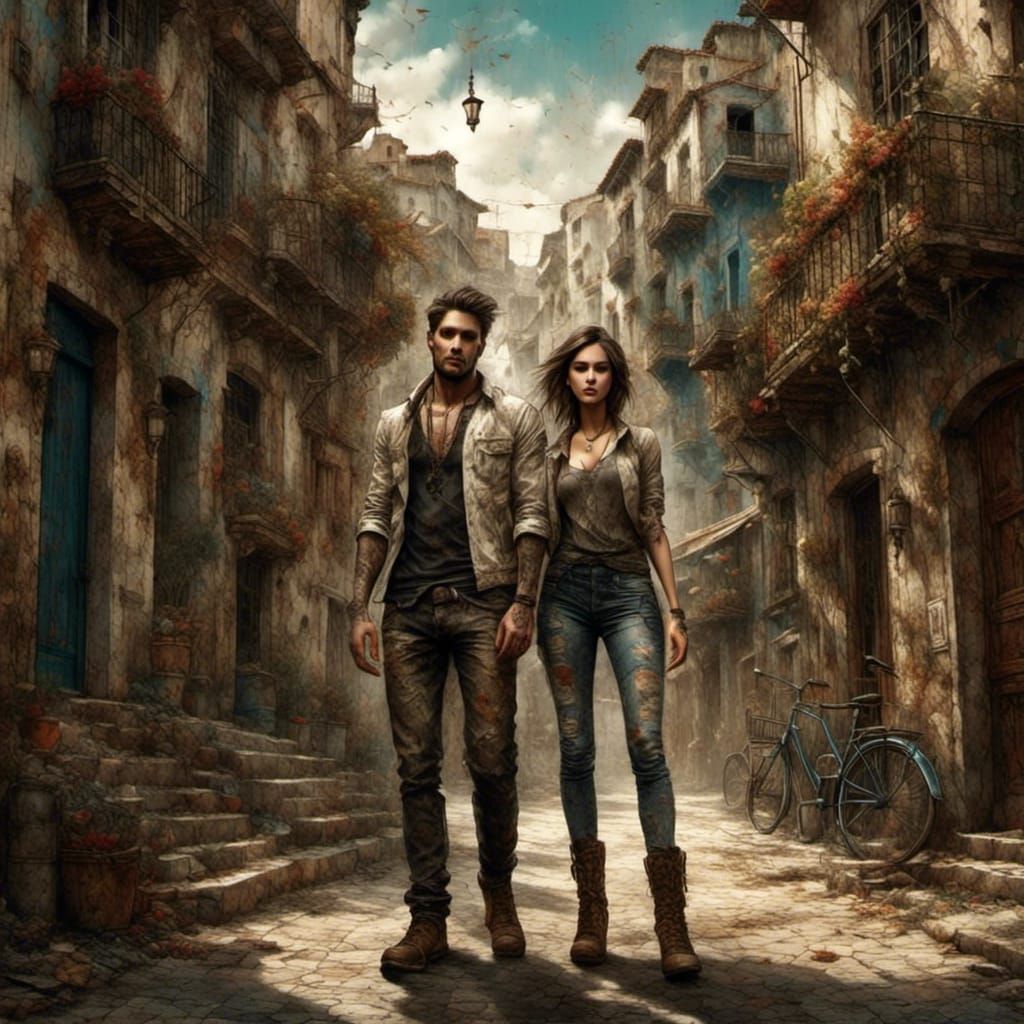 Young Couple in Spain: Detailed Fantasy Concept Art