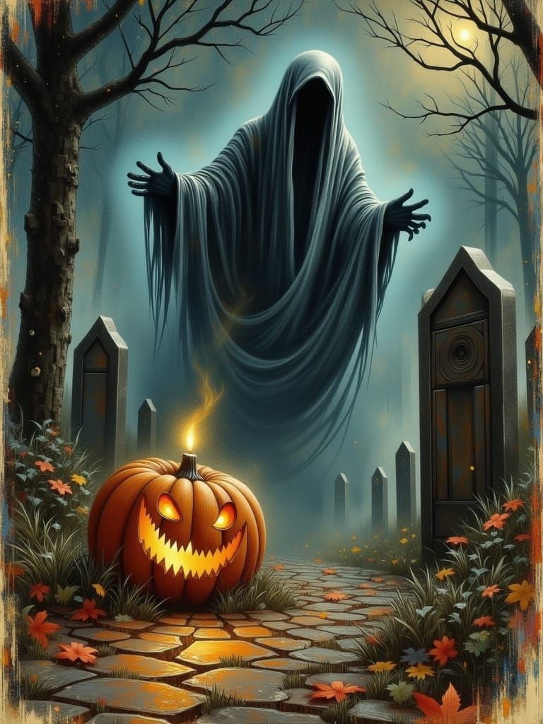 Eerie Ghost Costume in Misty Halloween Cemetery