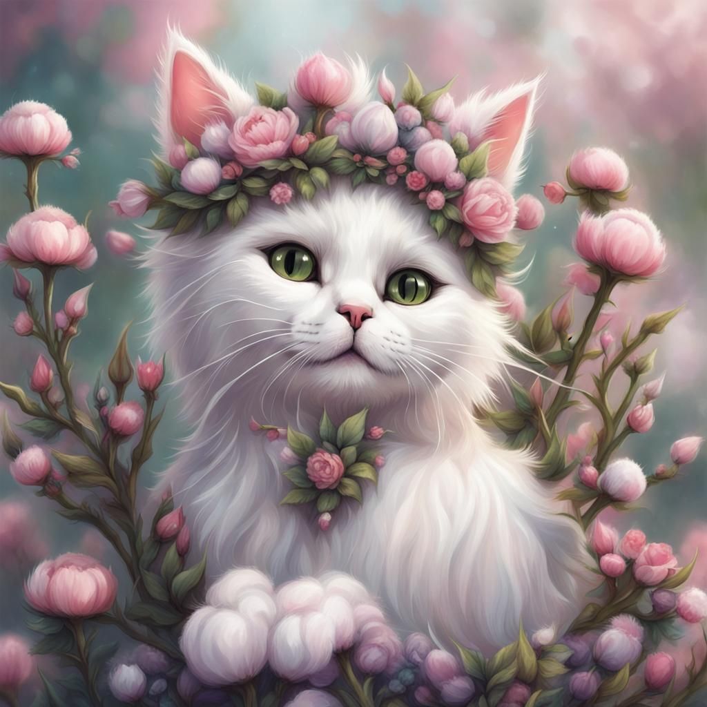 Cat Adorned with Flower Buds in Fairycore Style