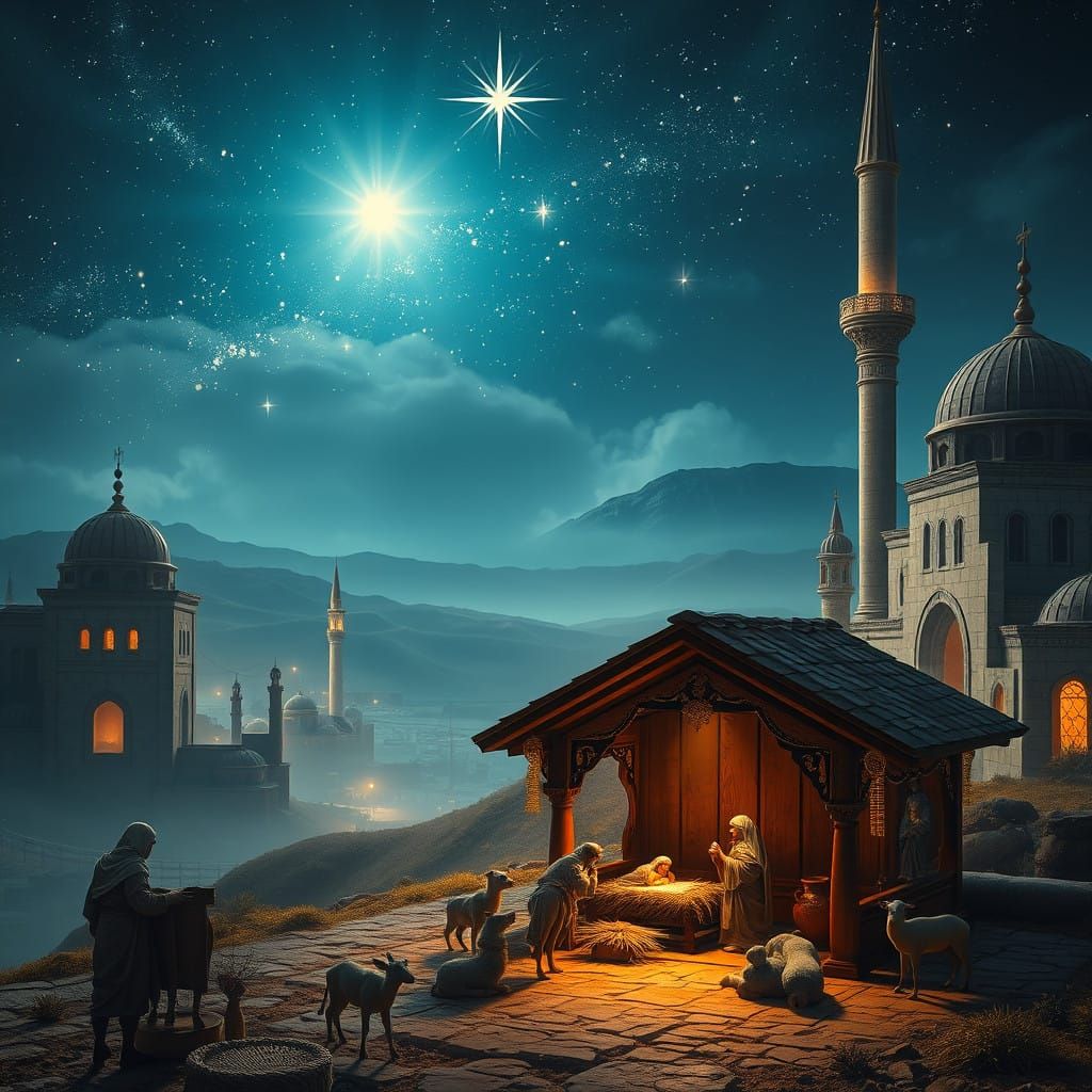 Holy Night Bethlehem Landscape with Majestic Manger Scene in...