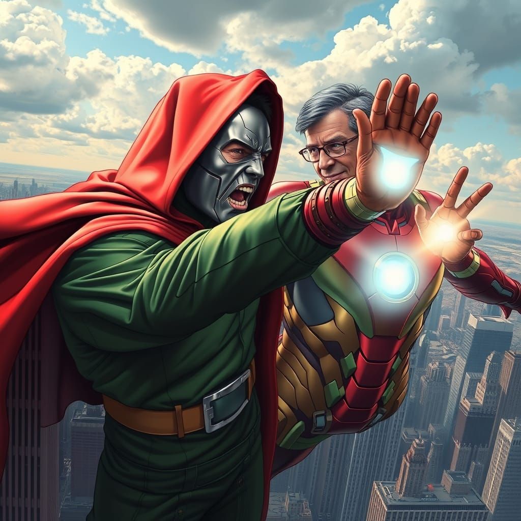 Elon Musk as unmasked Doctor Doom, being confronted by Bill Gates as unmasked Ironman in the sky over New York in the st...