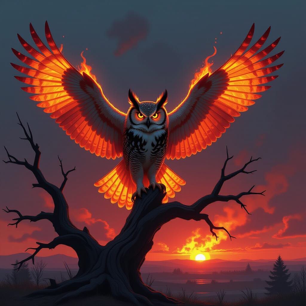 Majestic Fire Owl Perched on Charred Tree