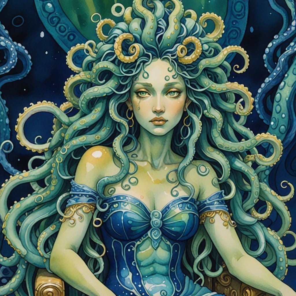 Sea Medusa on her Throne in Watercolor Gouache Style