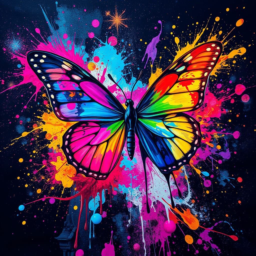 Colorful Ink Splatter Butterfly in Cosmic Space