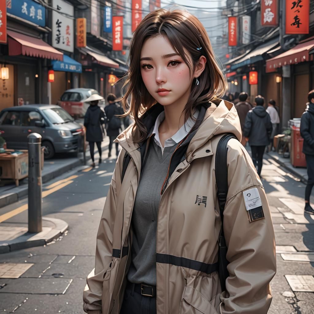 Anime Girl with Brown Hair on City Street