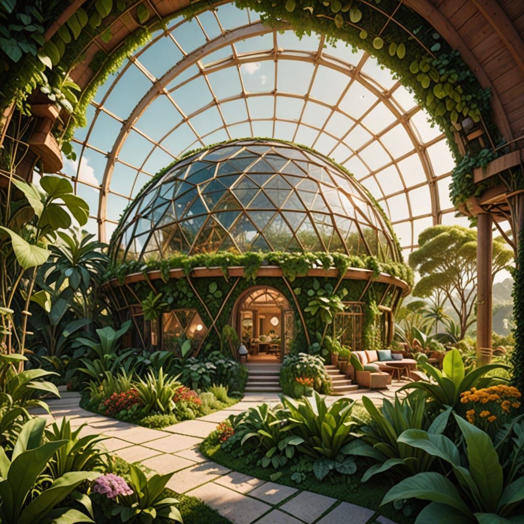 Whimsical Futuristic Village in a Lush Solarpunk Dome