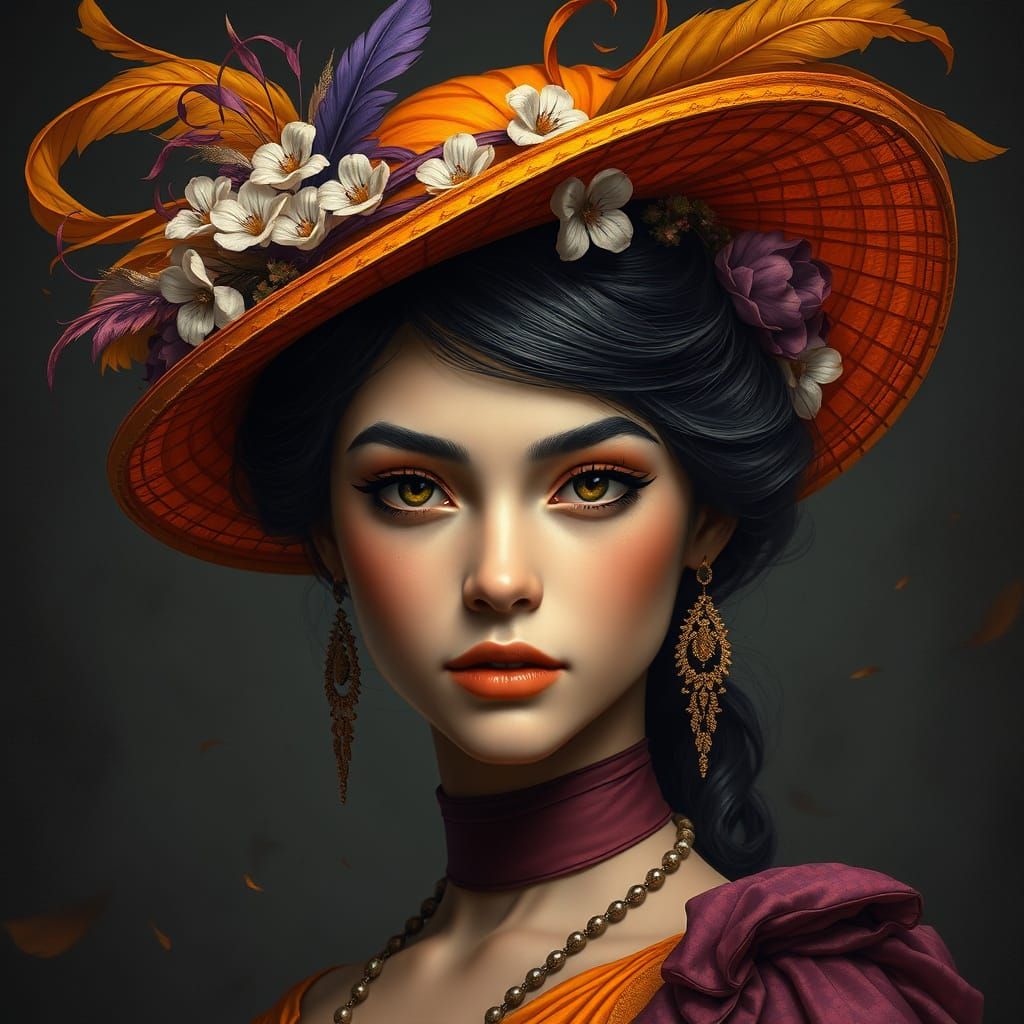 A young woman with captivating features wears a vibrant orange hat adorned with flowers and feathers. Her elegant earrin...