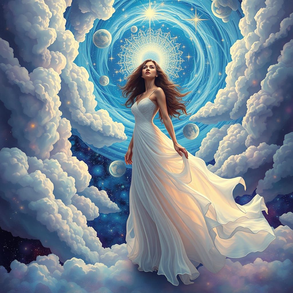 Cosmic Woman in White Gown: Holographic Dreamscape