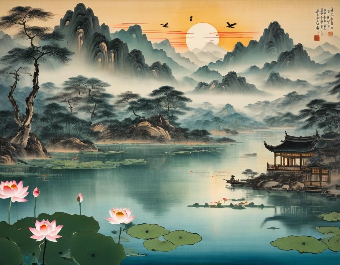 Tranquil Sunset Lake in Horizontal Scroll Painting