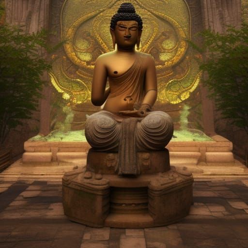 Ancient Buddha Statue in Temple Ruins