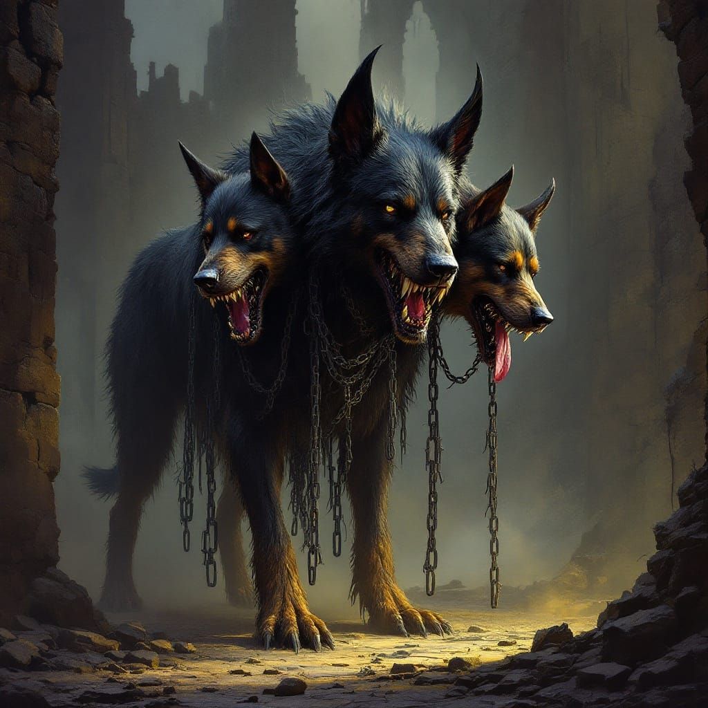 Three-Headed Cerberus in Castle Ruins, Dark Fantasy Concept ...