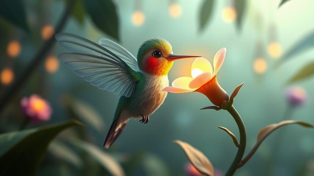 Whimsical Hummingbird Sips Nectar from Glowing Jungle Flower...