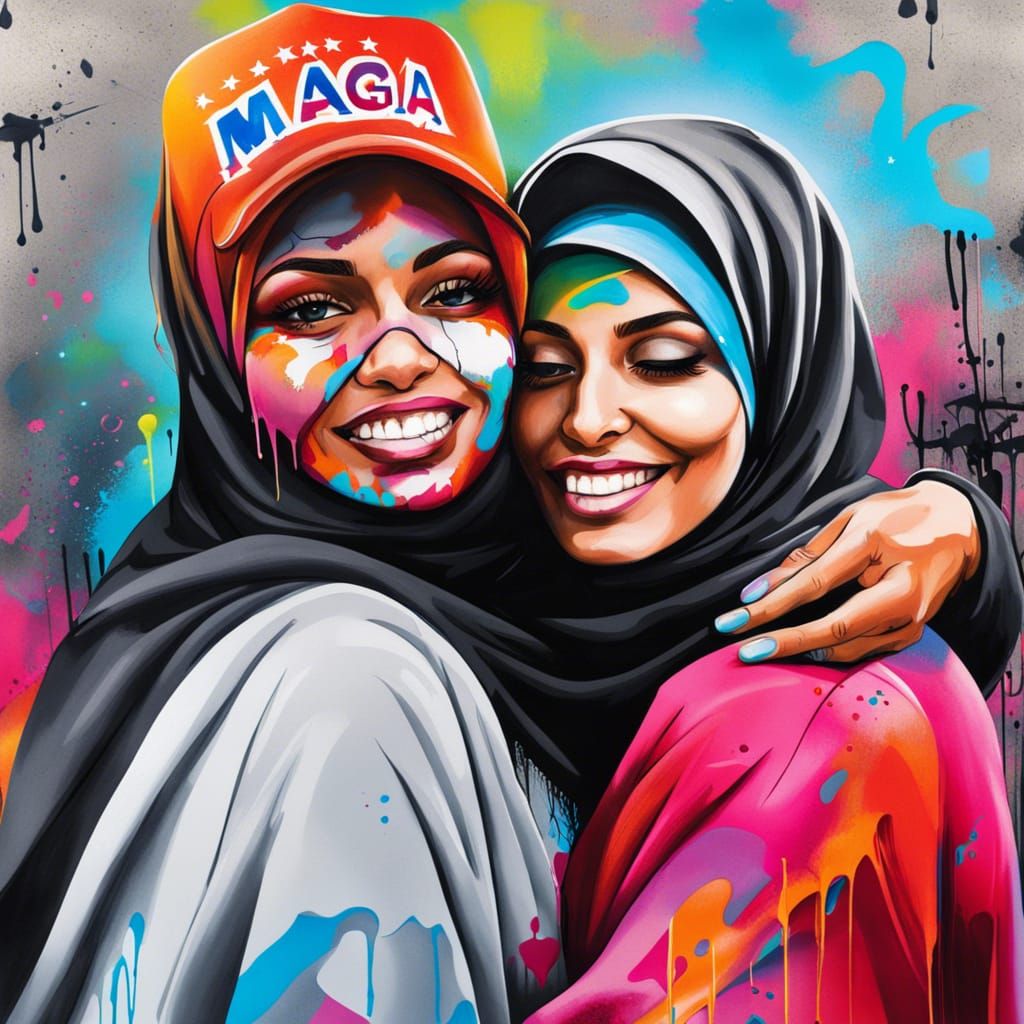 Harmonious Hug: Muslim Woman and Trump Supporter in Graffiti...