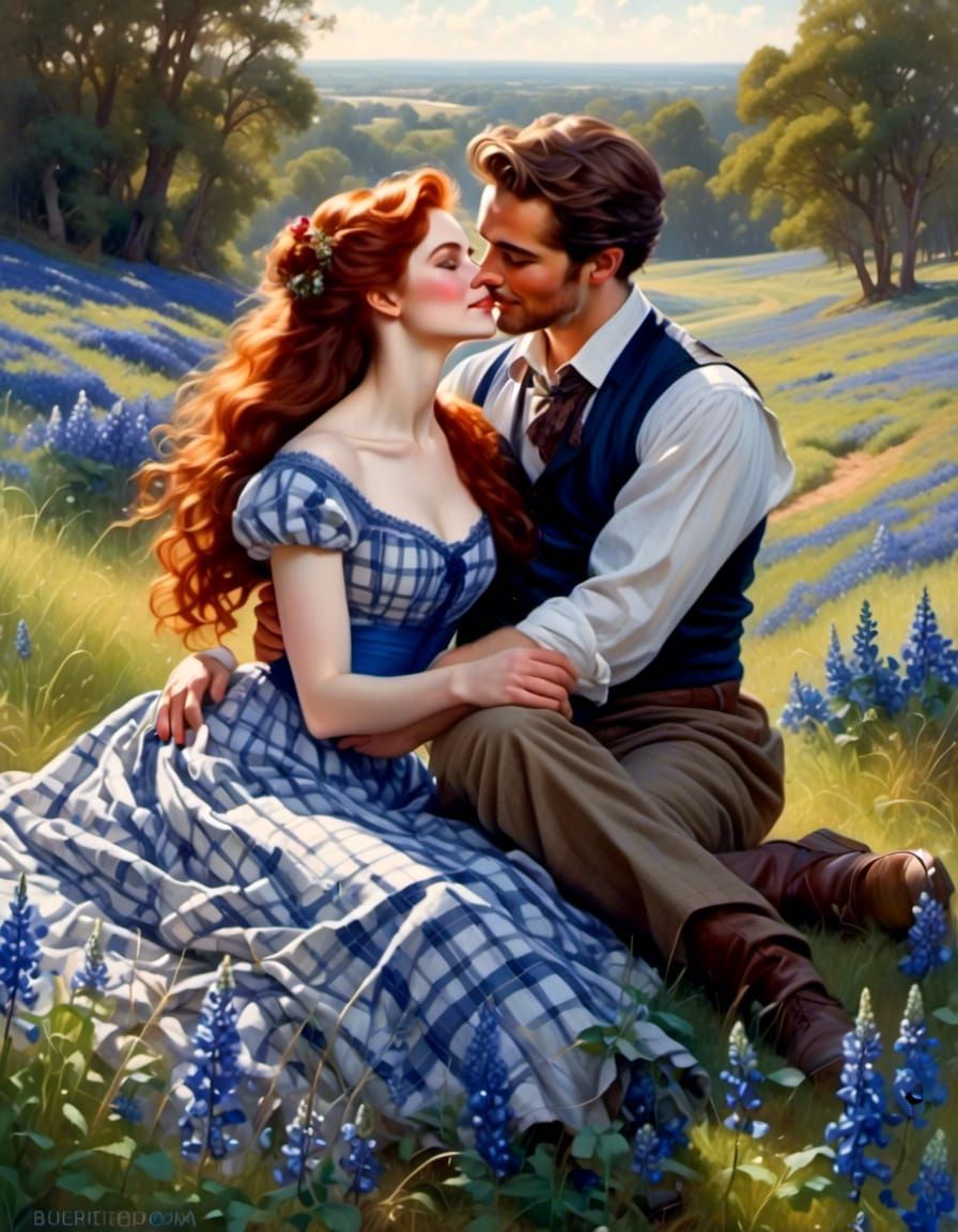 Victorian Woman's Joyful Kiss in Bluebonnet Field