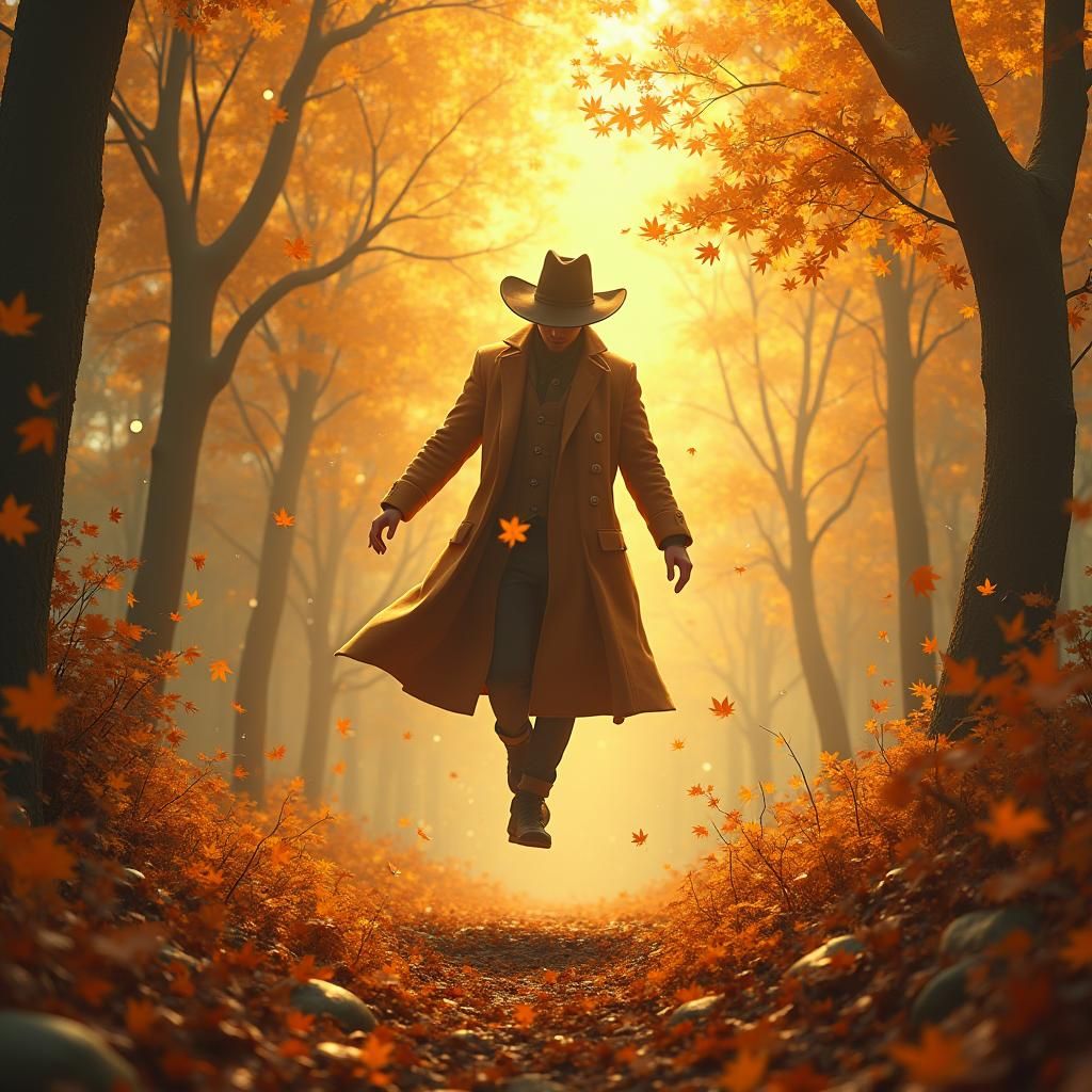 Actor Falls Through Autumn Landscape in Matte Painting Style