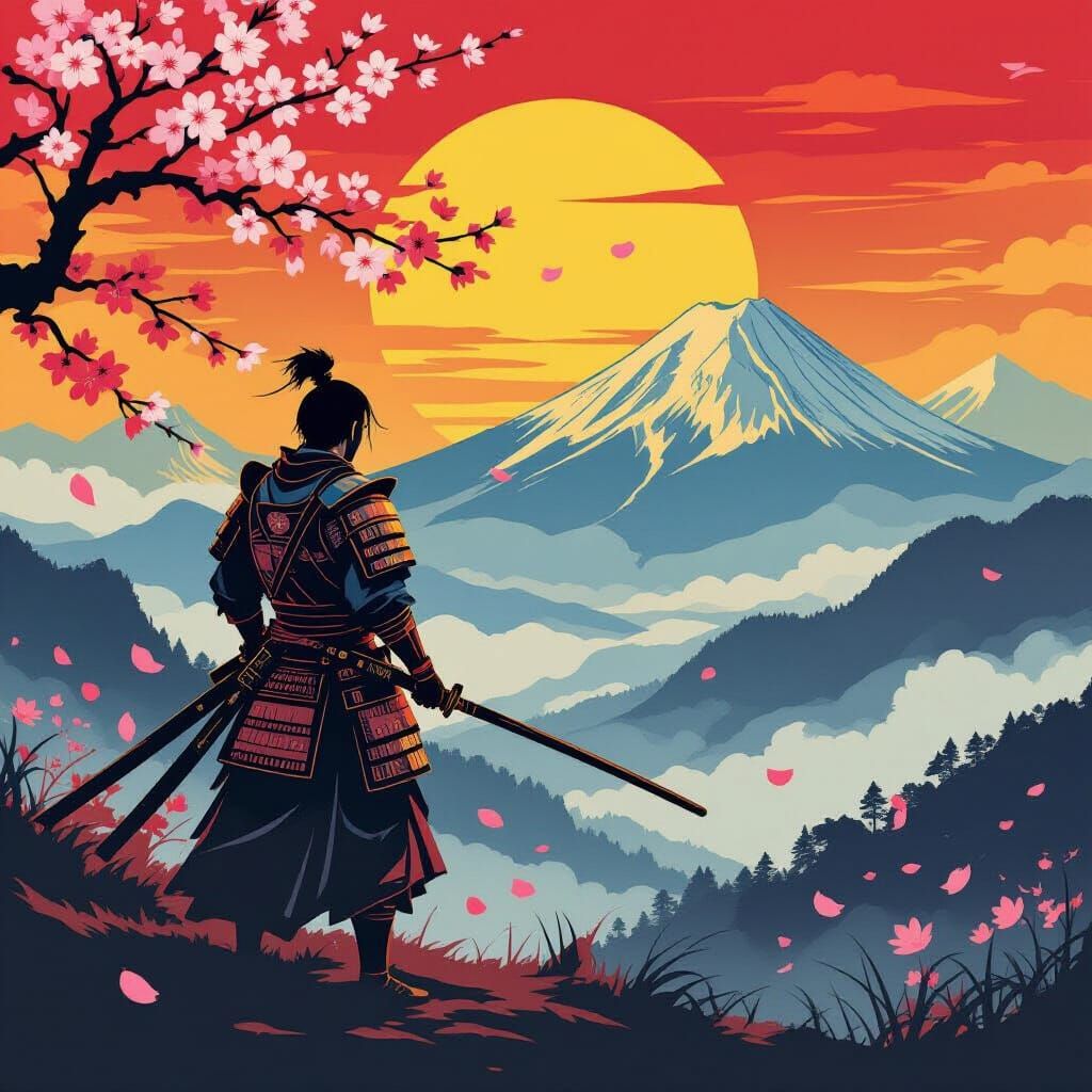 Samurai Warrior Under Stylized Sunset in Ukiyo-e Style