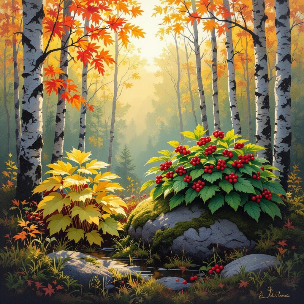 Forest Scene with Ginseng in Impressionist Style