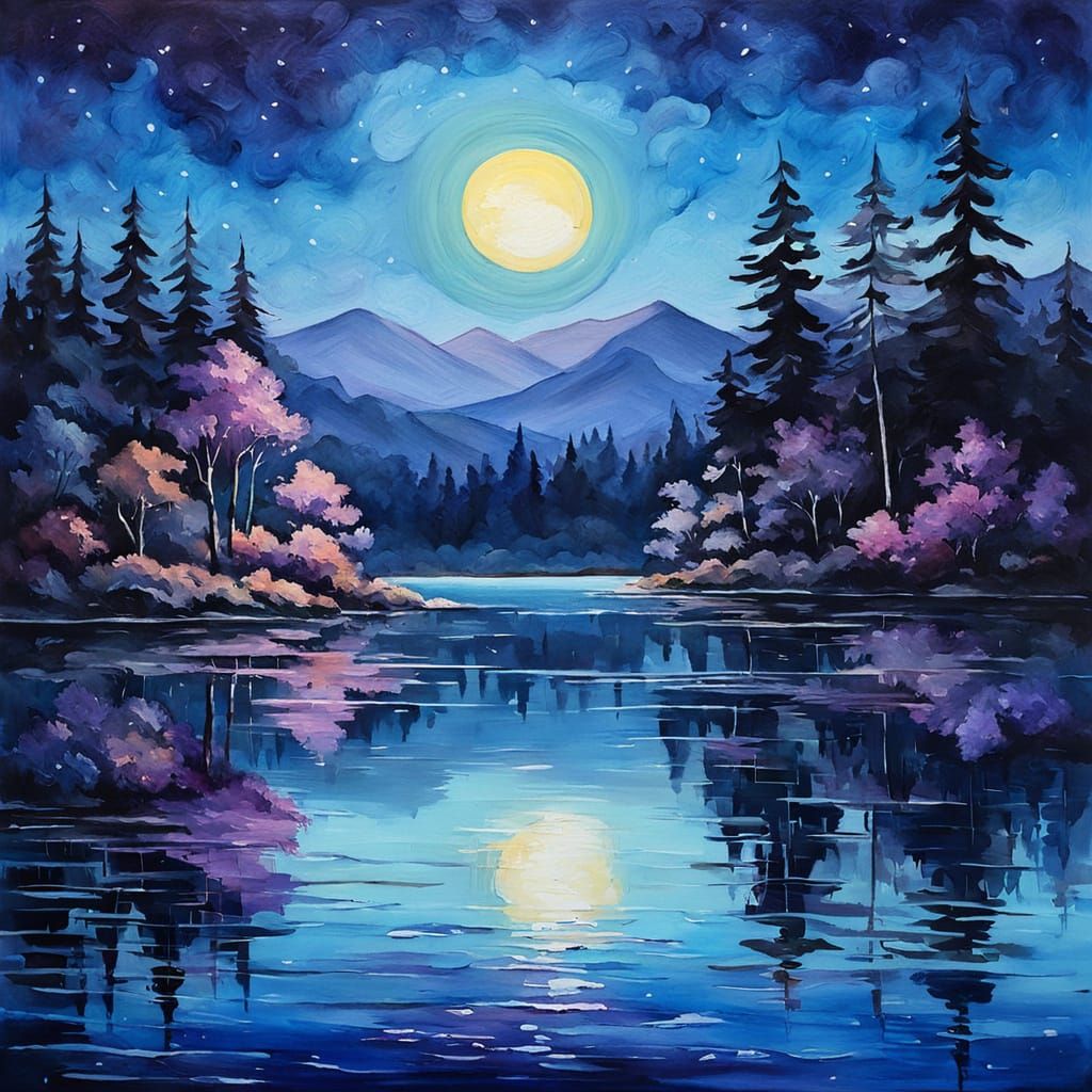 Dreamlike Lake at Night in Gouache Style