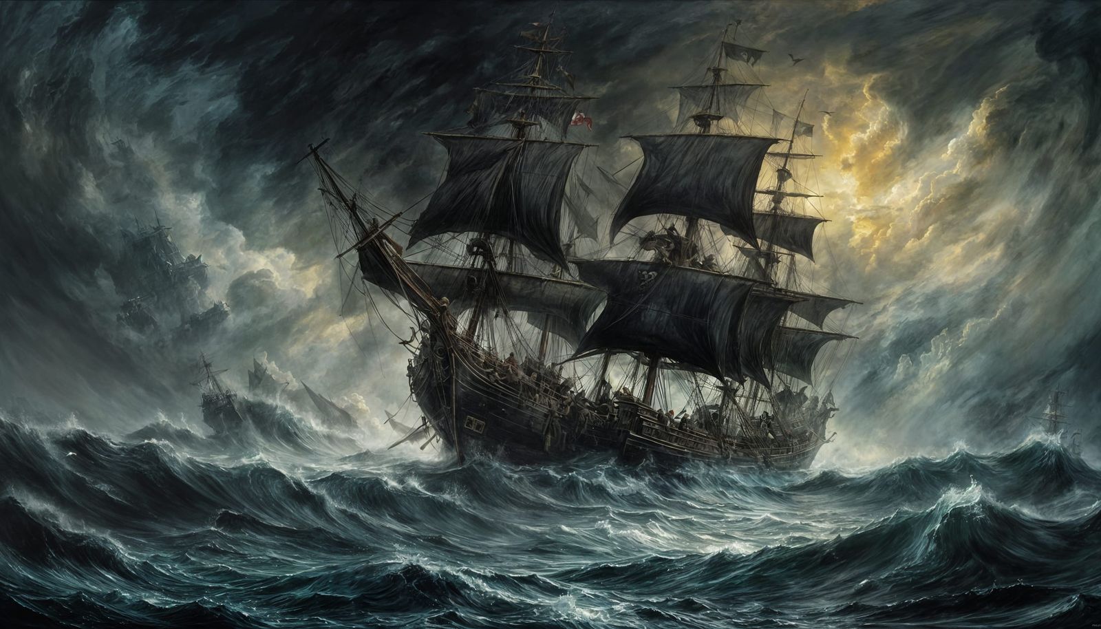 Stormy Pirate Galleon Emerges from Turbulent Mists