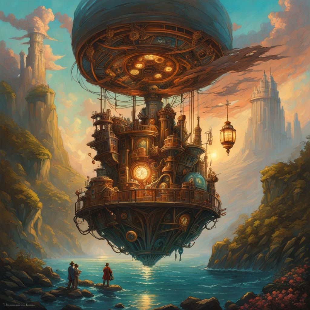 Flying Island: Steampunk Device in Art Nouveau Style