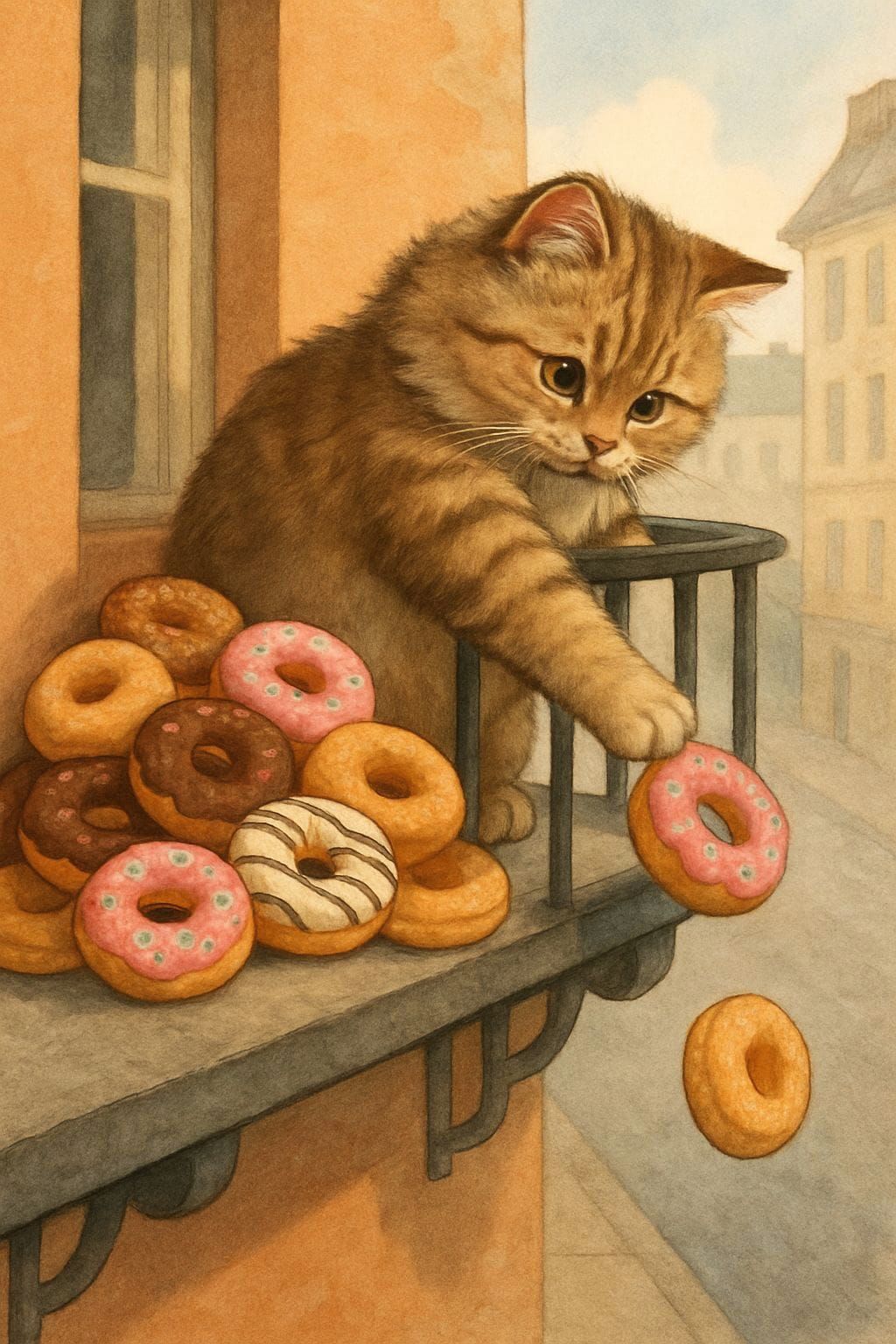 Cute Tabby Cat Pushes Donuts Off Balcony