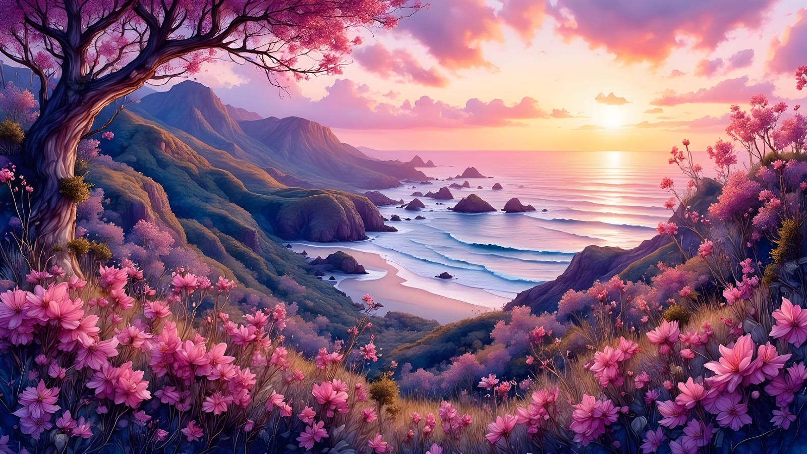 Sunrise Mountainscape with Blooming Bushland and Ocean