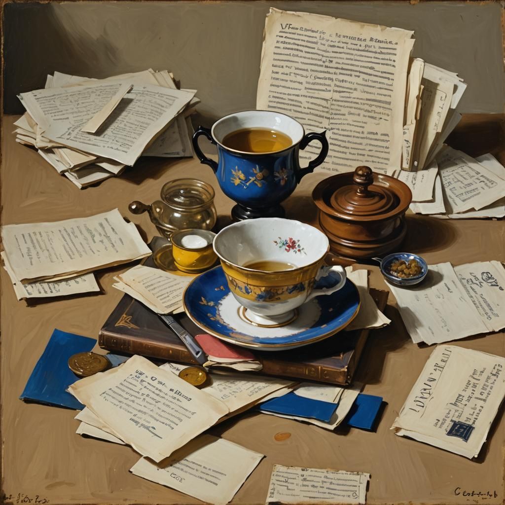 Vermeer-Style Still Life with Books and Teacup
