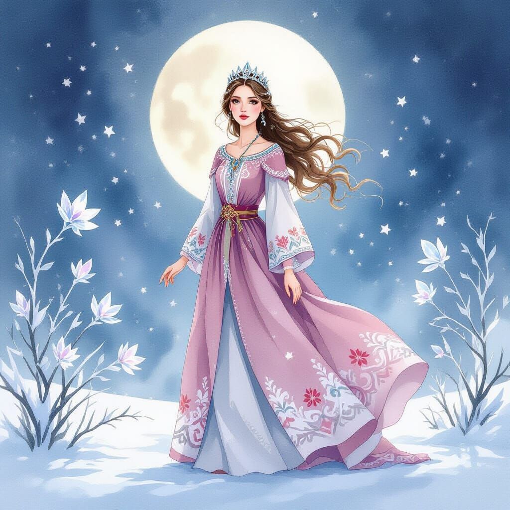 Ukrainian Princess in Moonlight Watercolor Illustration