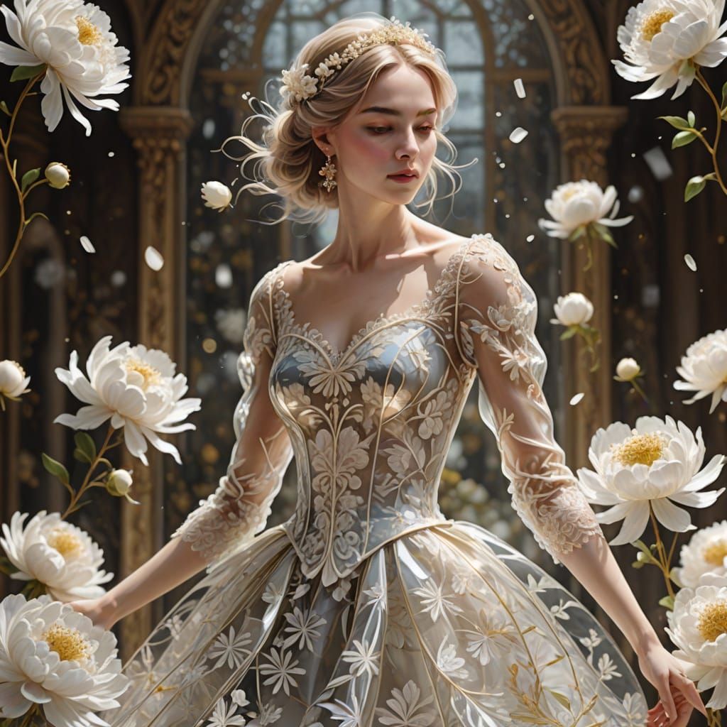 Baroque Transparent Woman Dancing with Peonies